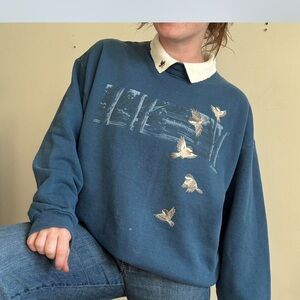 Women Vintage Blue Sweatshirt with Bird Design
